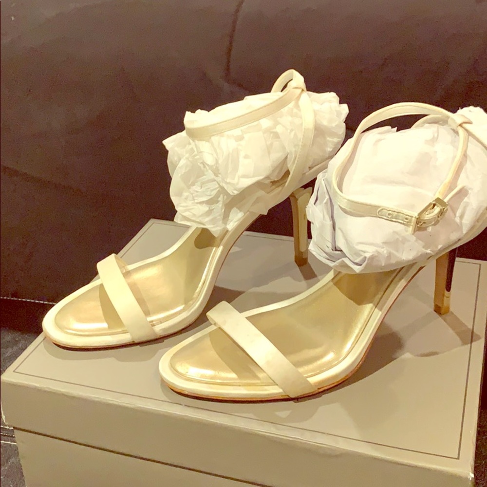 BCBG Satin white heels